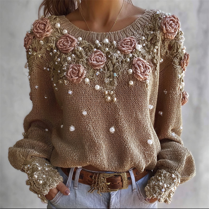 Vintage Classy Roses Pearls Embroidered Cozy Knit Sweater