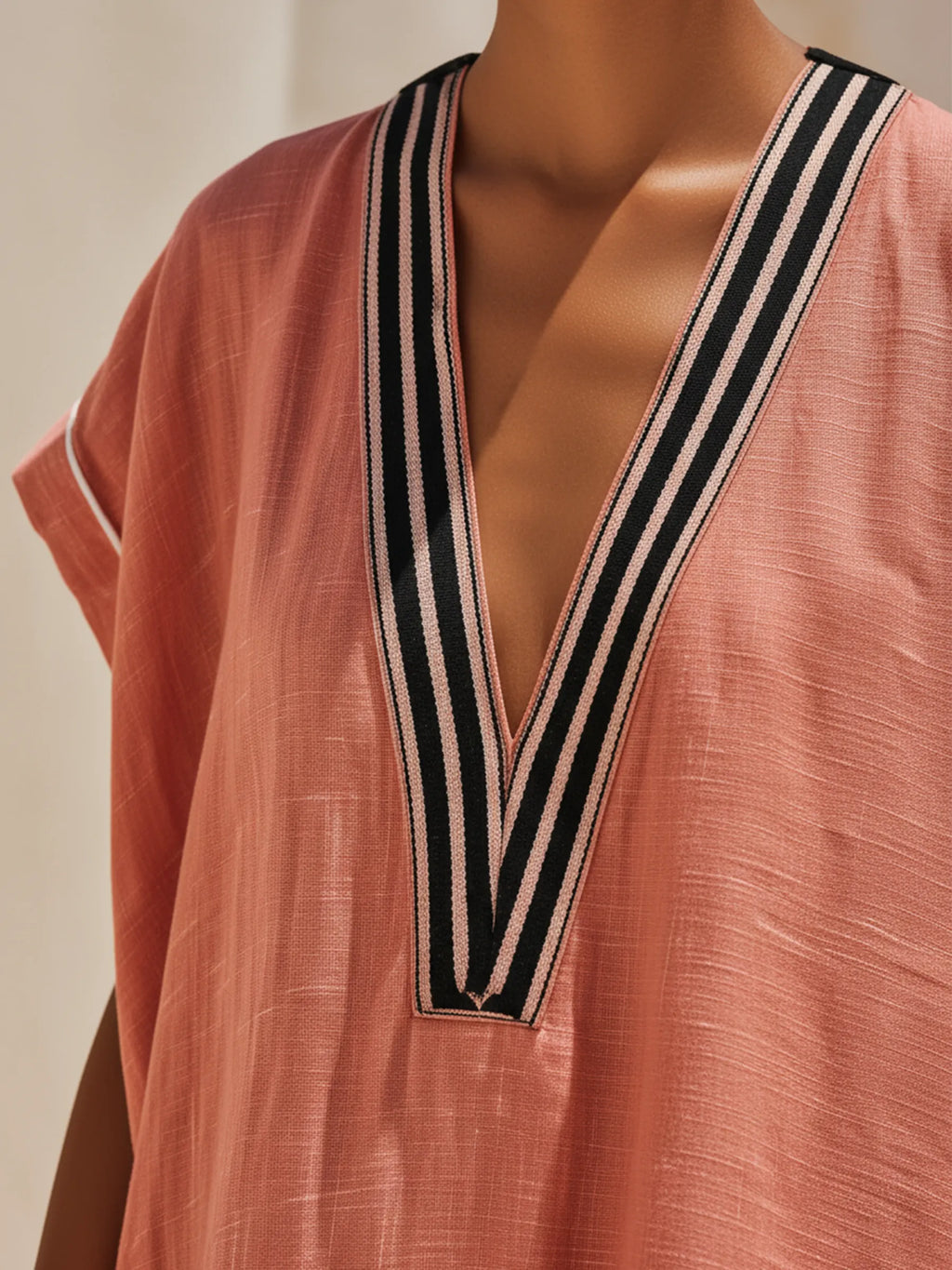 Coral Linen-Blend Contrast Trim Kaftan Maxi Dress