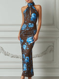 Brown & Blue Rose Print Halter Neck Keyhole Maxi Dress