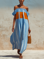 Blue & Orange Striped Off-Shoulder Maxi Dress