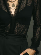 Sheer Black Lace Deep V Blouse – Vintage Gothic Long Sleeve Shirt With Scalloped Trim