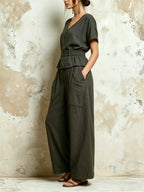 Dark Gray Linen-Blend V-Neck Peplum Top & Wide-Leg Cargo Pants Co-ord Set