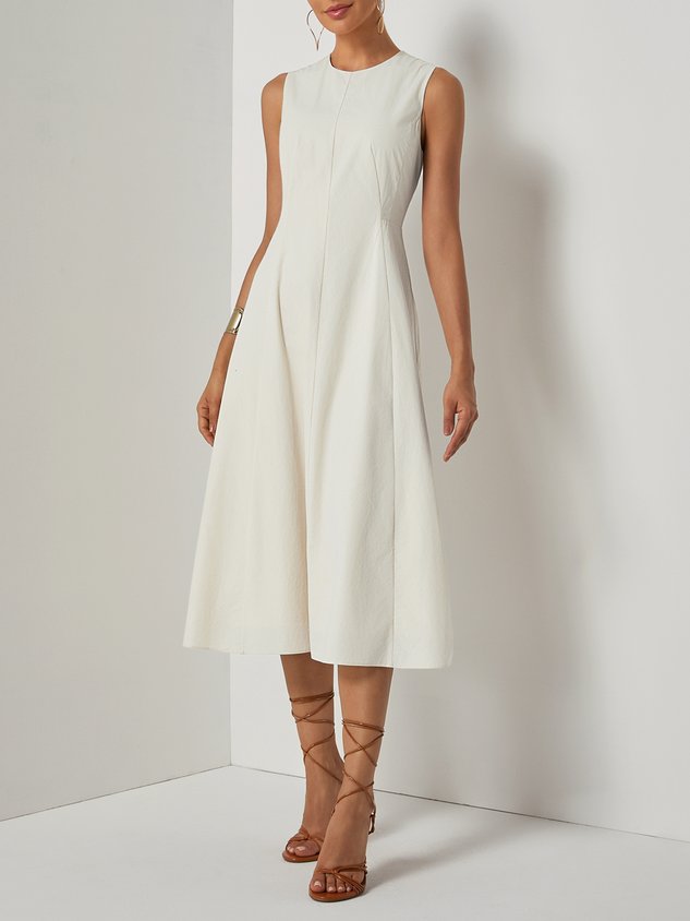 Apricot Lyocell Cotton Crew Neck Sleeveless A-Line Midi Dress