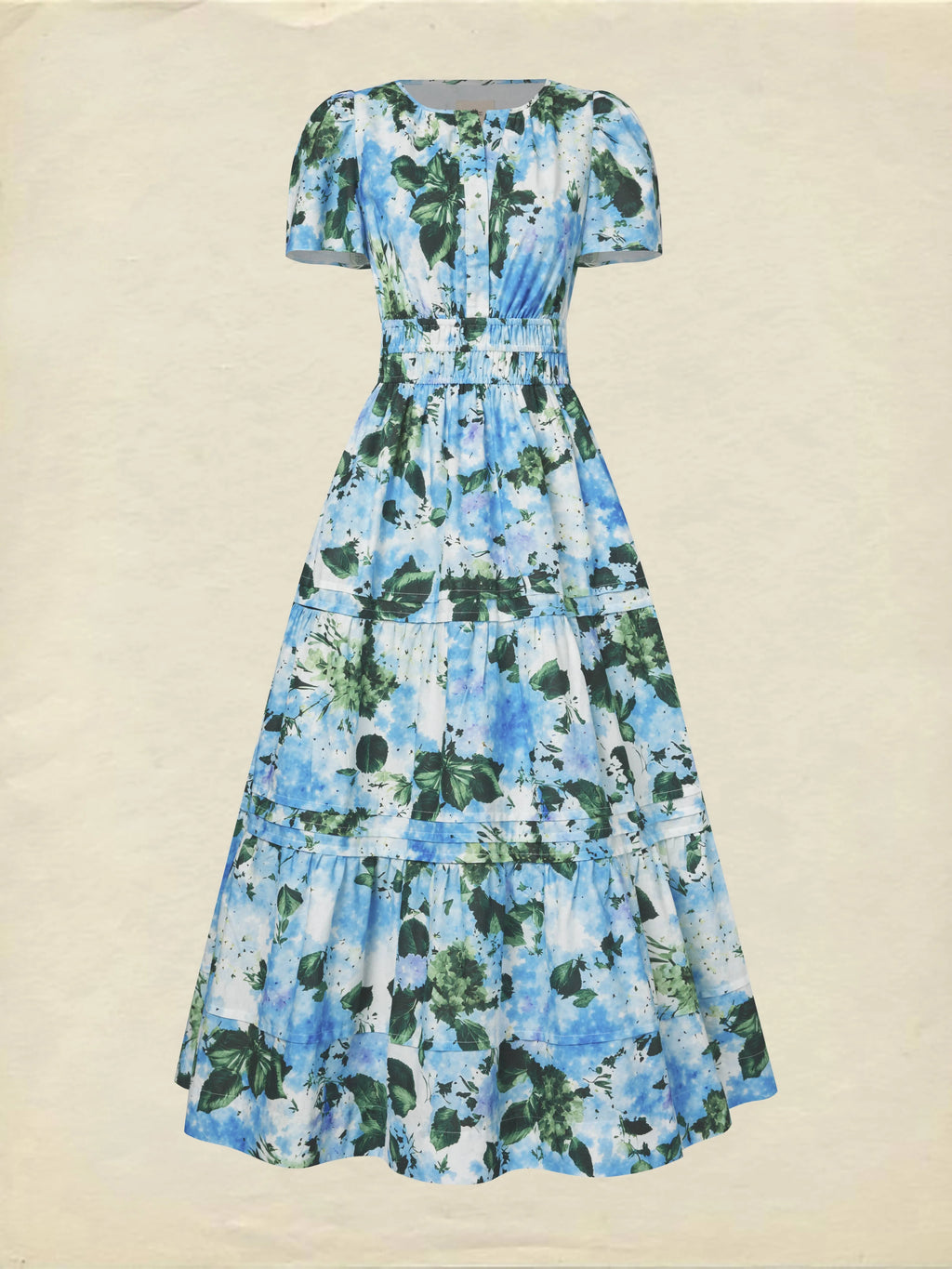 Maxi Cotton Dress, Short Sleeves, V Neck, Floral, Vintage, Blue