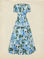 Maxi Cotton Dress, Short Sleeves, V Neck, Floral, Vintage, Blue