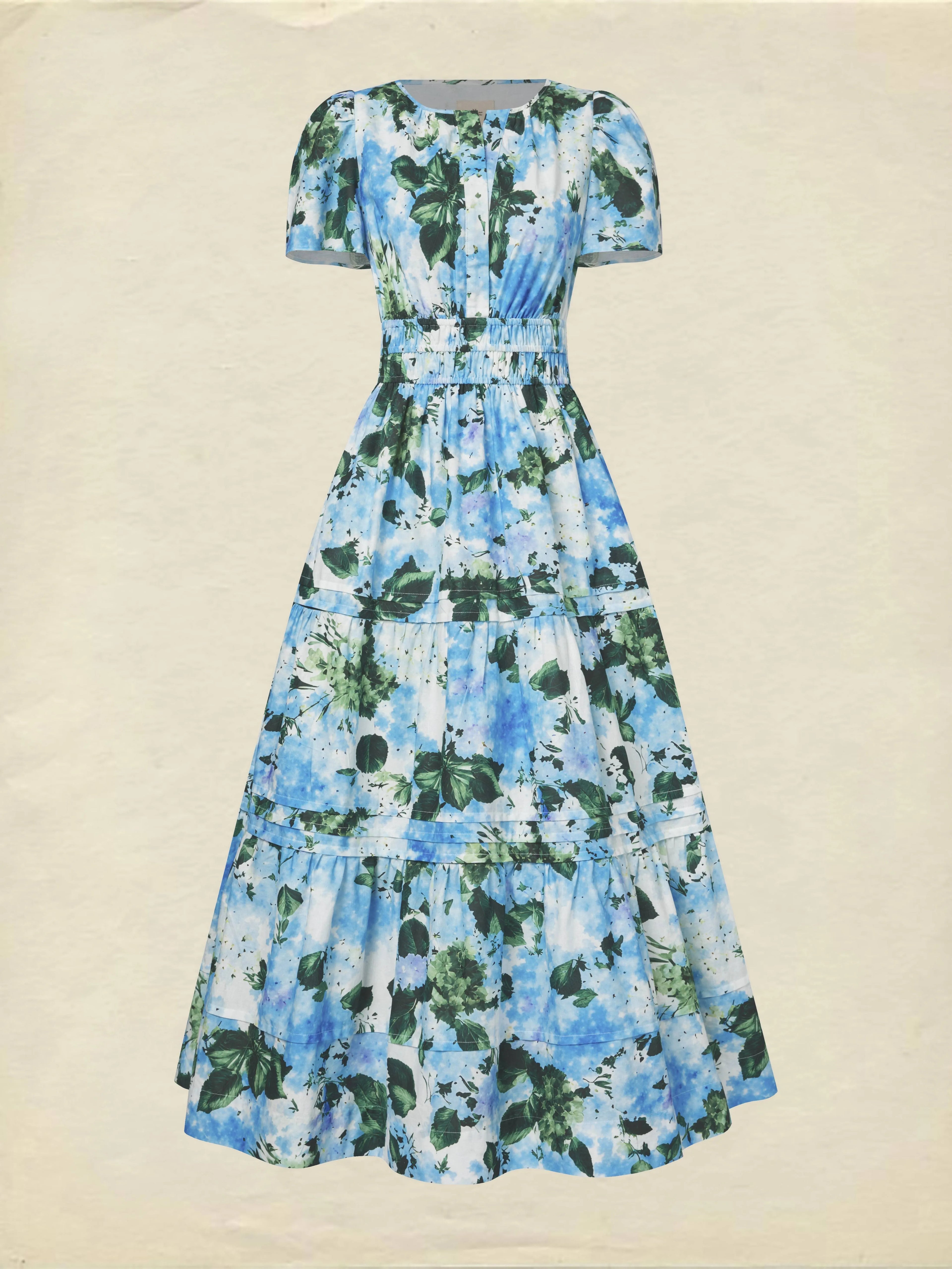 Maxi Cotton Dress, Short Sleeves, V Neck, Floral, Vintage, Blue