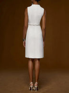 White V Neck Sleeveless Rhinestone Slit A-Line Midi Dress