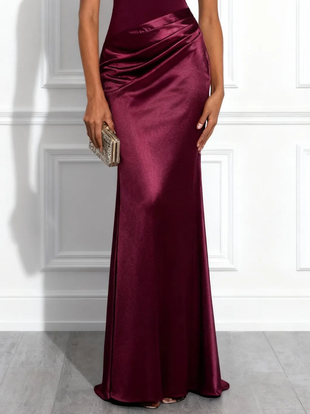 Burgundy Split Joint Ruched Satin One Shoulder Sleeveless Mermaid Maxi Dress