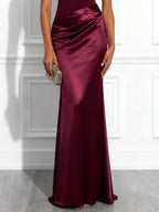 Burgundy Split Joint Ruched Satin One Shoulder Sleeveless Mermaid Maxi Dress