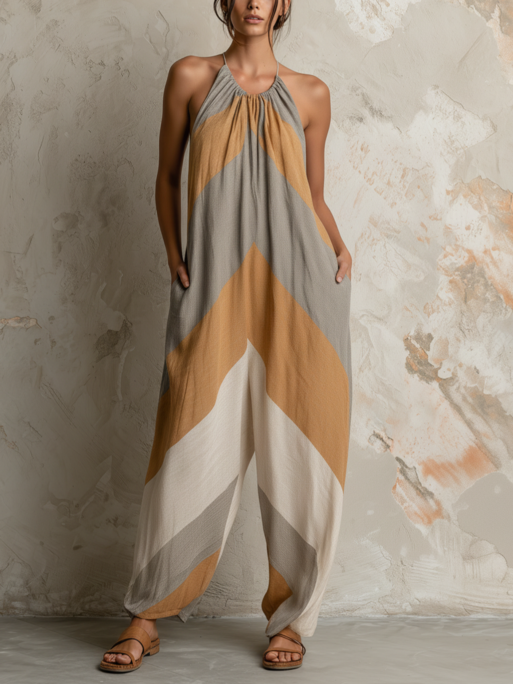 Boho Chevron Colorblock Halter Backless Harem Jumpsuit