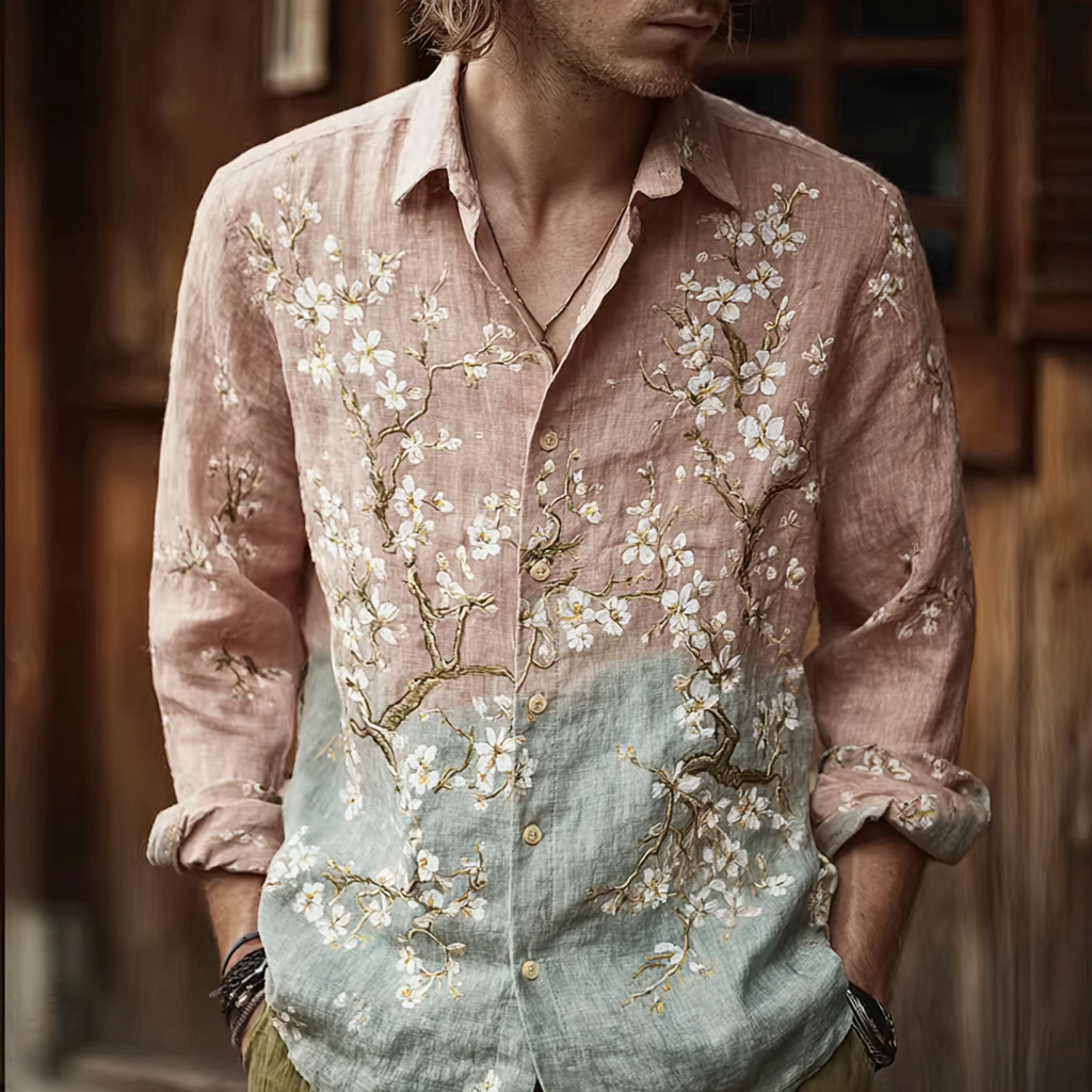 Bohemian Retro Style Floral Print Men's Long-sleeve Shirt