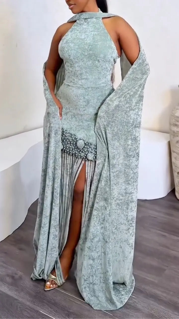 Halter Velvet Fringe Formal Gown Set