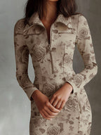 Chic Taupe Subtle Rose Print Microsuede Zip-Up Mini Dress