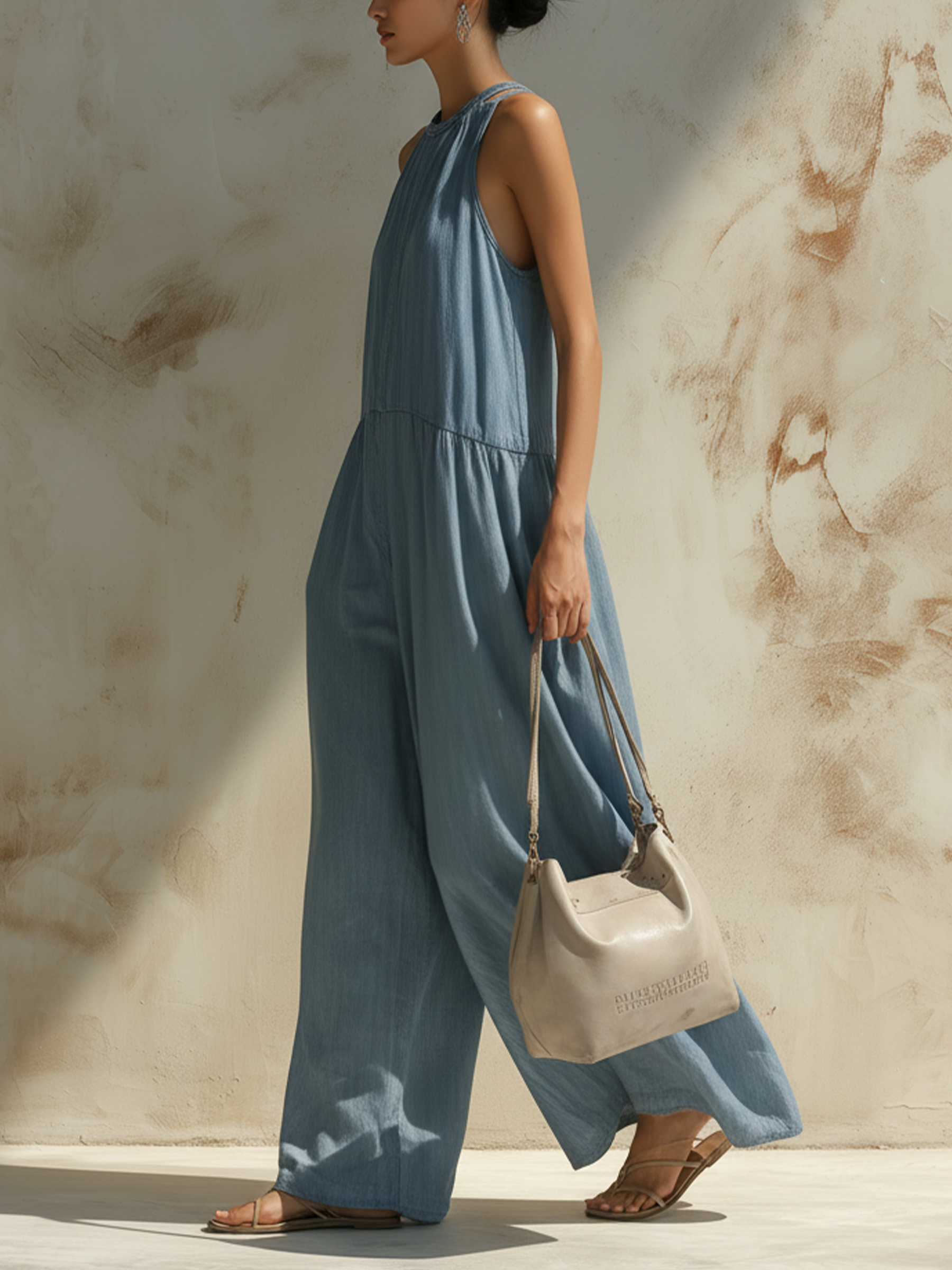 Light Blue Tencel Denim Wide-Leg Jumpsuit