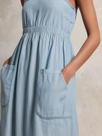 Light Blue Tencel Denim Spaghetti Strap Maxi Dress With Pockets