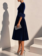 Purplish blue Feather-trimmed Velvet Crew Neck Half Sleeve A-Line Midi Dress