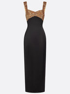 Black Gold Sequin Satin Spaghetti Gallus Sheath Maxi Dress