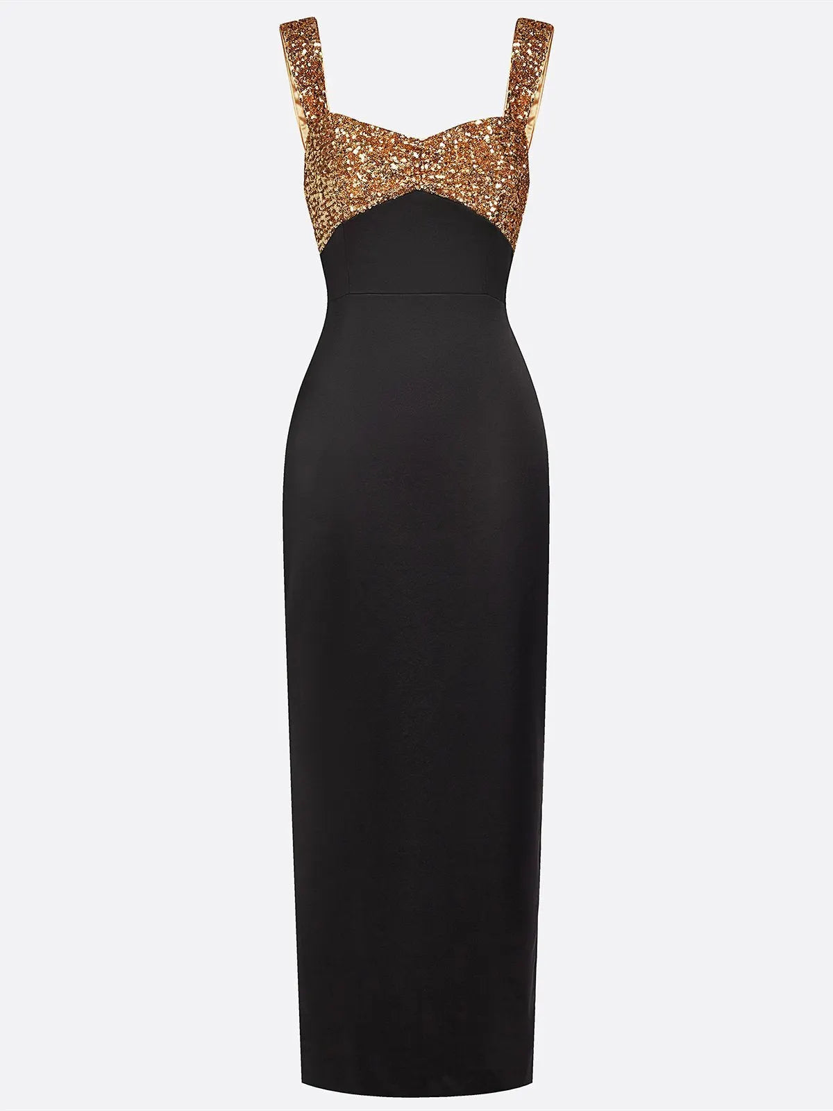 Black Gold Sequin Satin Spaghetti Gallus Sheath Maxi Dress