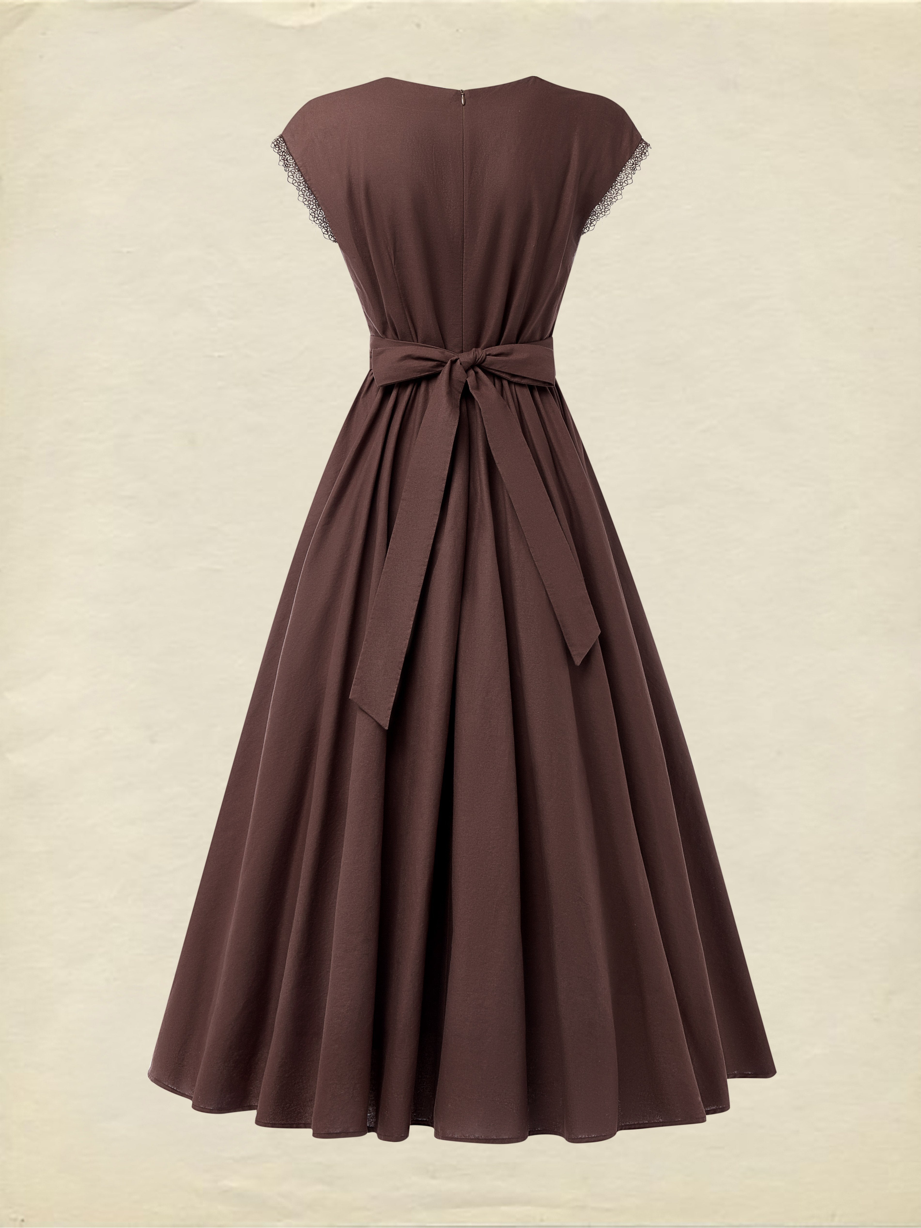 Linen Maxi Dress, Short Sleeve, Lace Collar, Plain, Vintage, CAMEO BROWN