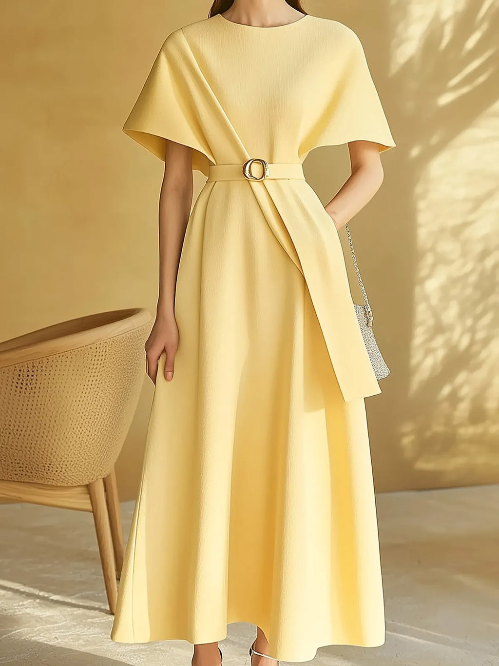 Pale Yellow A-Line Dress with Waist Adornment