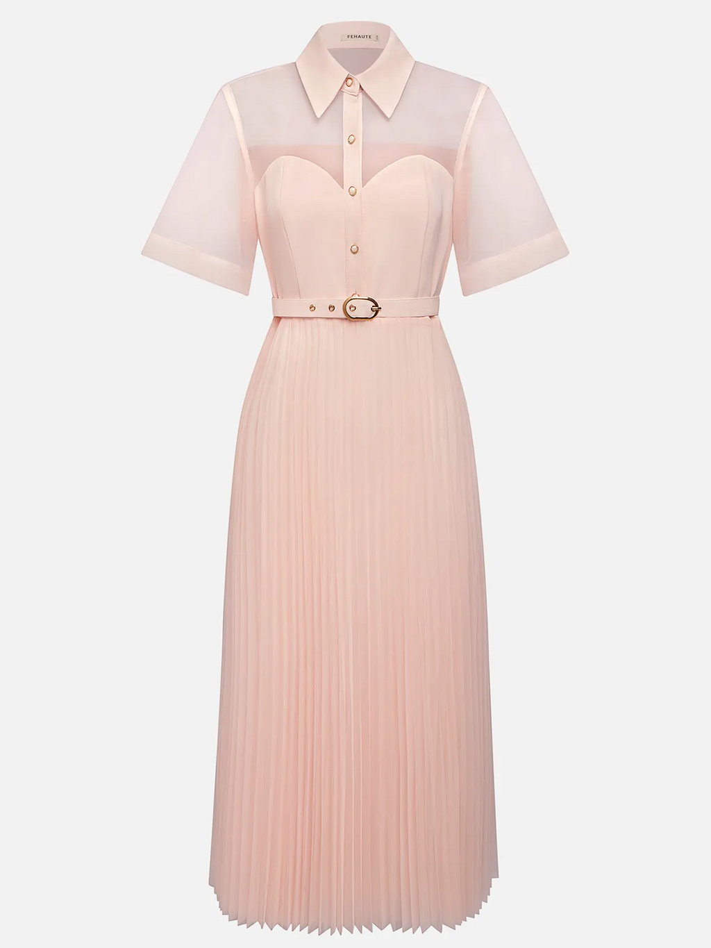 Pink Pleated Classic Shirt Collar Short Sleeve A-Line Midi Dress