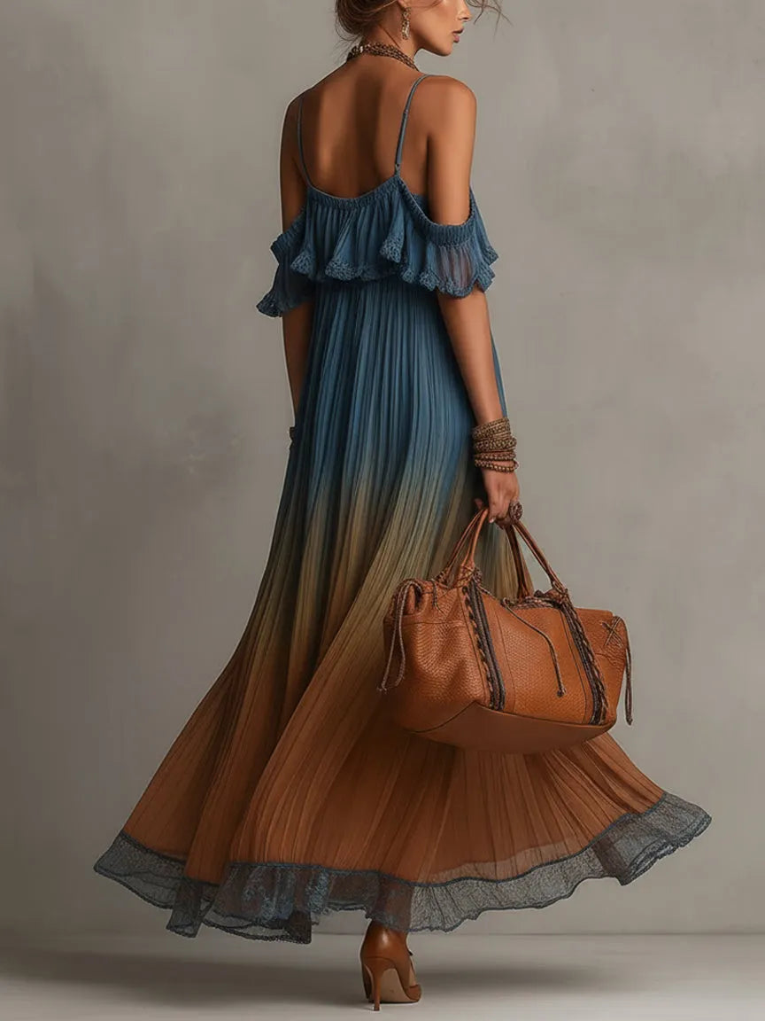 Blue Gradient Chiffon Maxi Dress With Lace Trim