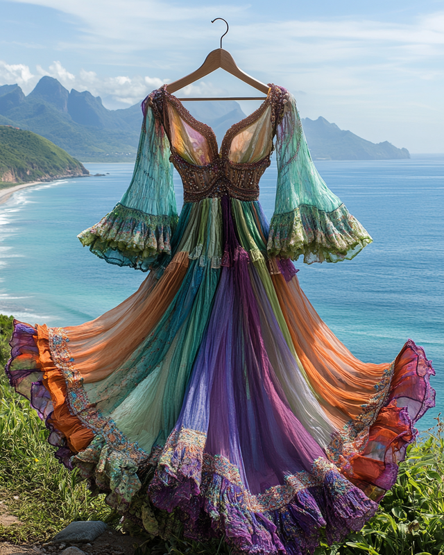 Elegant contrast color vacation rainbow maxi dress 1b73