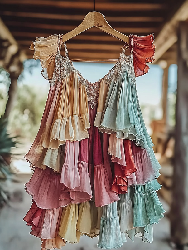 Summer romantic rainbow color ruffle lace patchwork top c48f