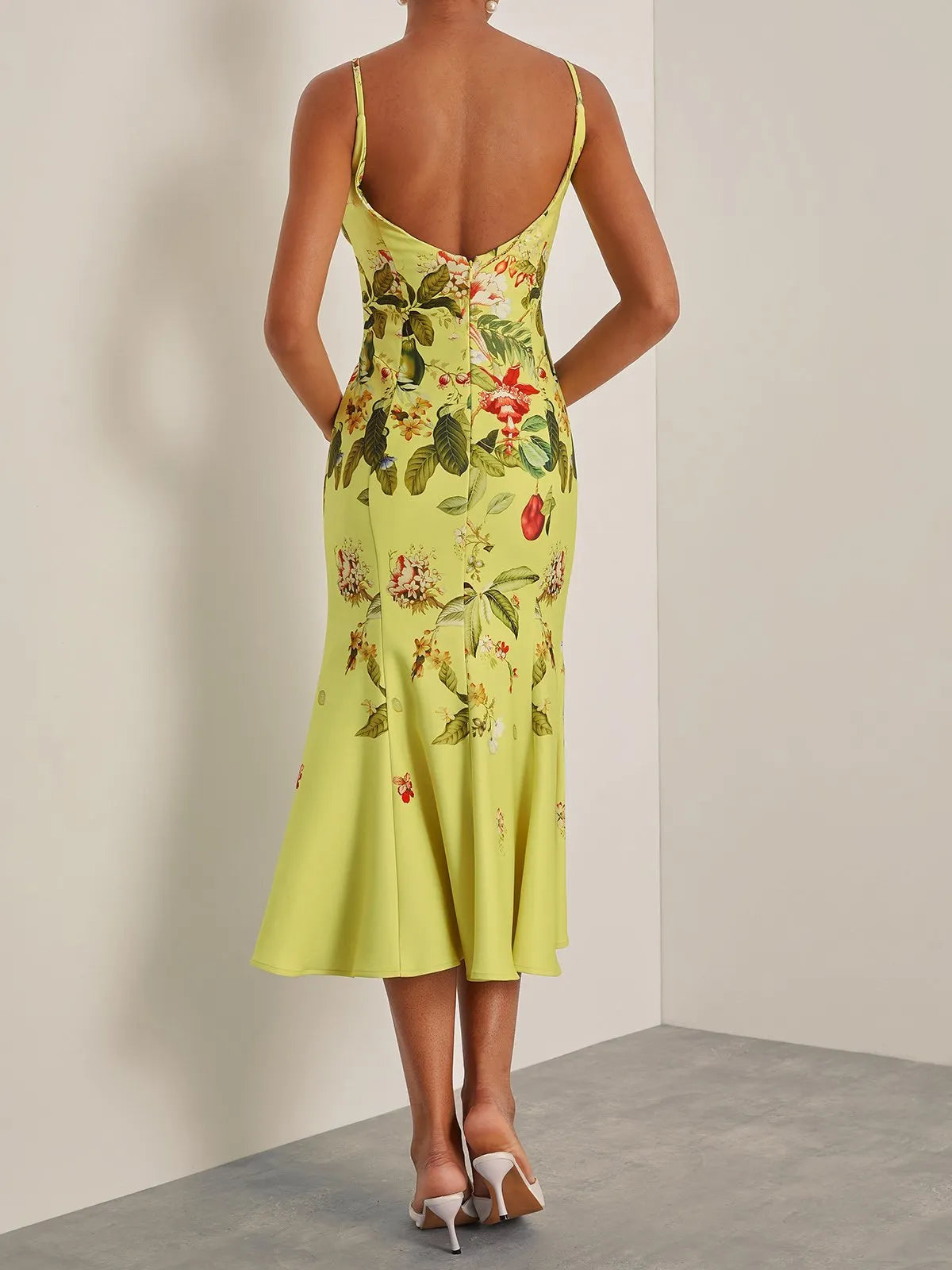 Yellow Floral Applique Spaghetti Mermaid Midi Dress