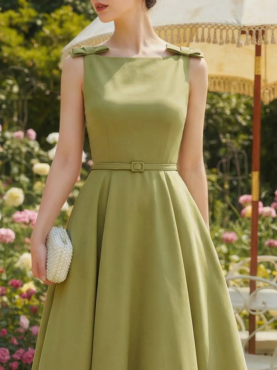 Midi Linen Dress, Sleeveless, Boat Neck, Plain, Bow, French Vintage, Green