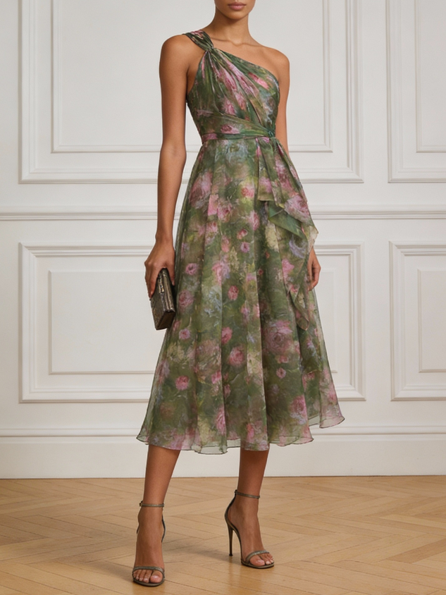 Green Floral Ruched Chiffon One Shoulder Sleeveless A-Line Midi Dress