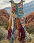 Summer ruffled cotton and linen patchwork contrast color jumpsuit 795d