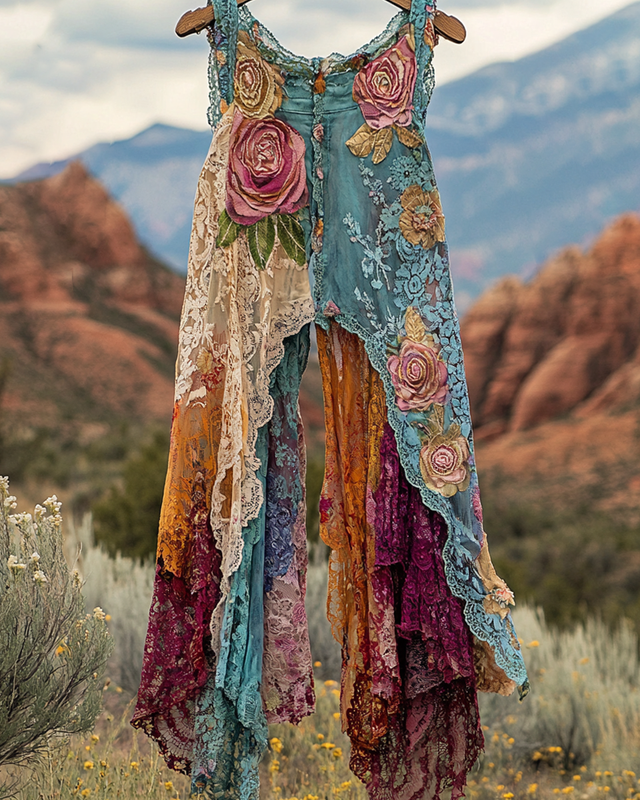 Summer ruffled cotton and linen patchwork contrast color jumpsuit 795d