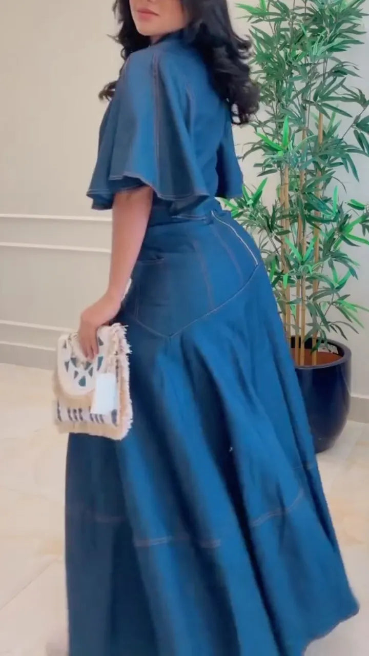 Dark Denim Flare‐Sleeve Top & Maxi Skirt Two‐Piece