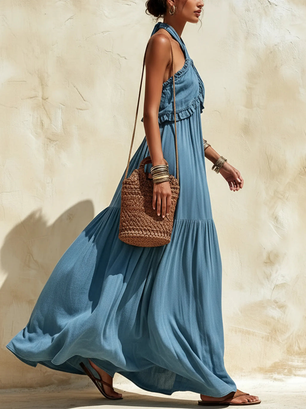 Blue Crisscross Halter Neck Ruffled Tiered Maxi Dress