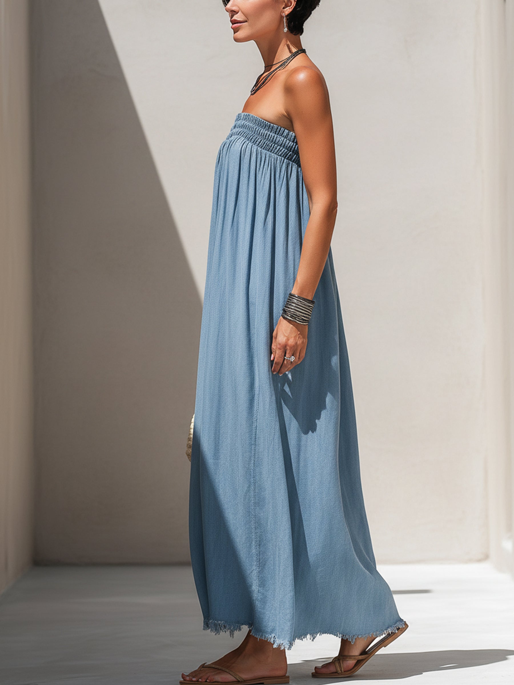 Light Blue Denim Strapless Maxi Dress – Frayed Hem