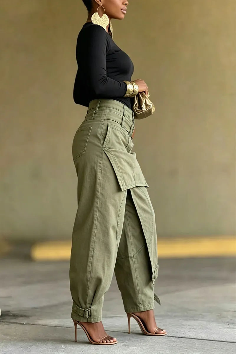 Olive Green Multi-Pocket Cargo Barrel Pants