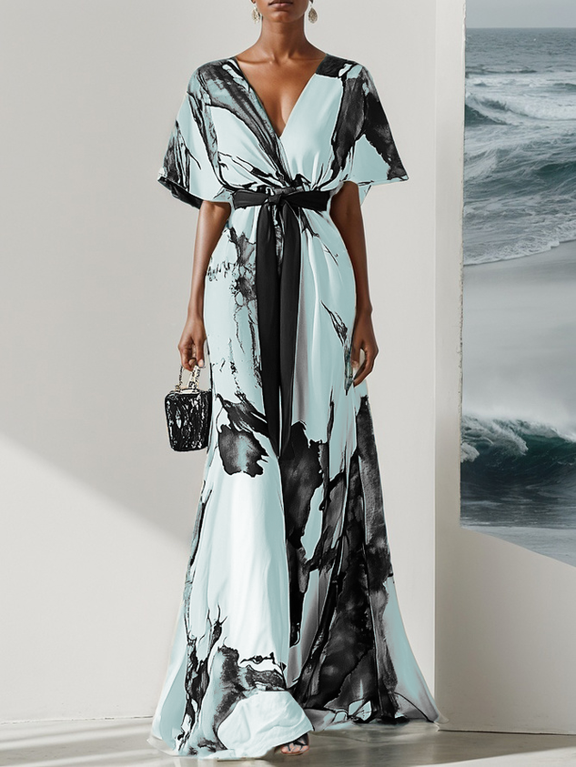 Blue Printing Chiffon V Neck Short Sleeve A-Line Maxi Dress With Belt