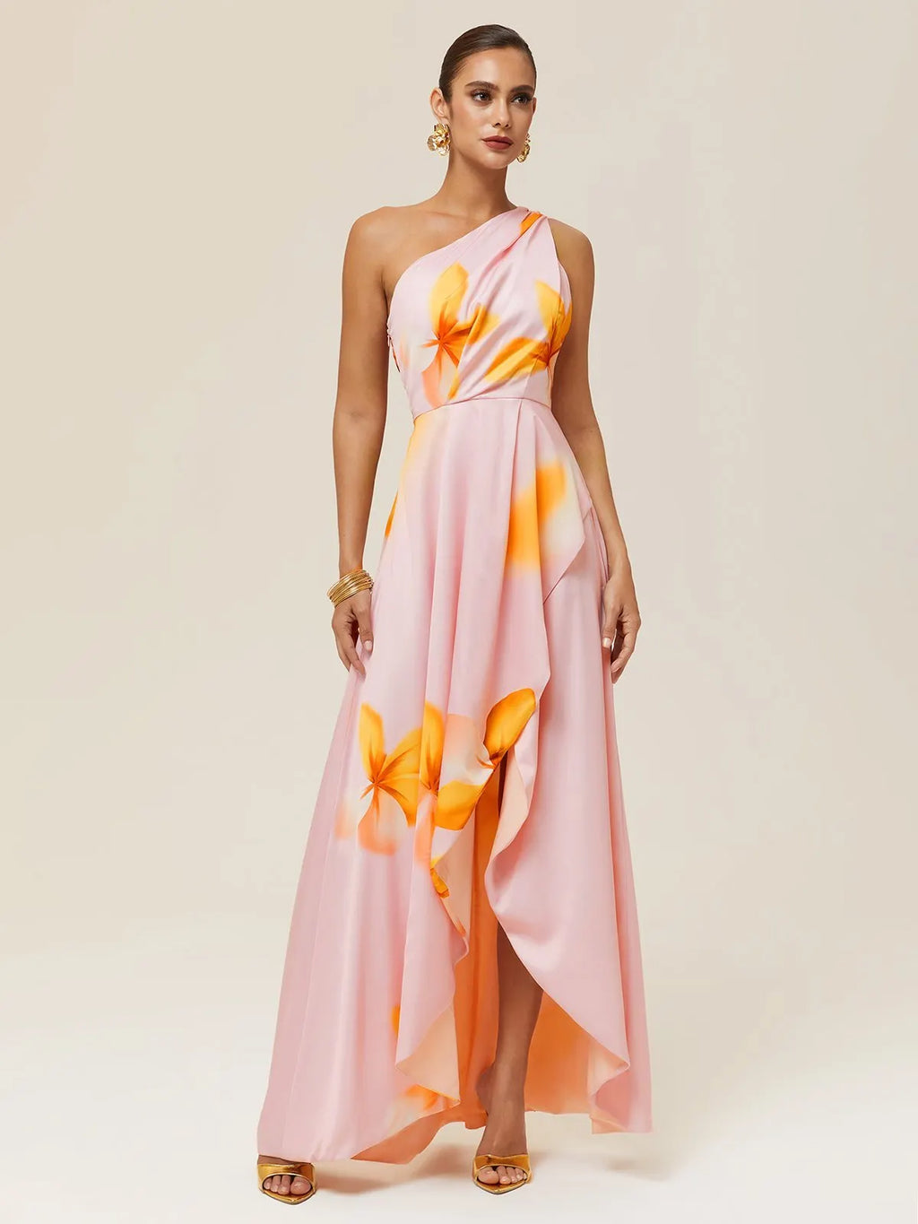 Pink Asymmetric Floral Classic One Shoulder Sleeveless A-Line Maxi Dress