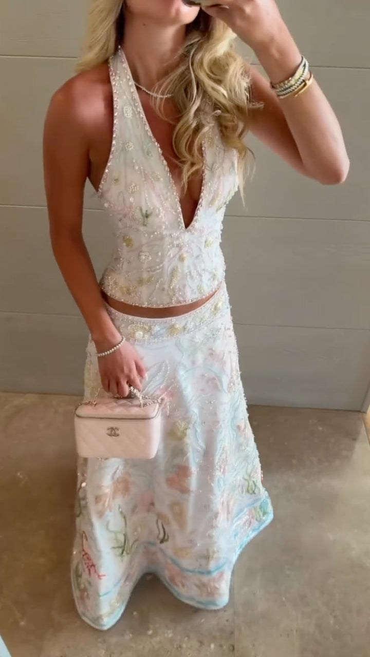 Beaded Floral Halter Two Piece Maxi Skirt Set