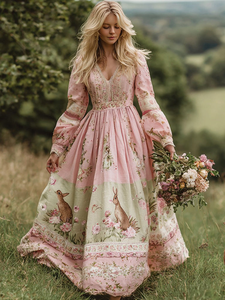 Vintage Bunny With Floral Art Women's Linen Long Sleeve Maxi V-neck Dress