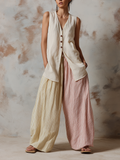 Linen Blend Sleeveless Vest & Two-Tone Striped Wide-Leg Pants Set