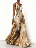 Apricot Pleated Floral Chiffon V Neck Sleeveless A-Line Maxi Dress
