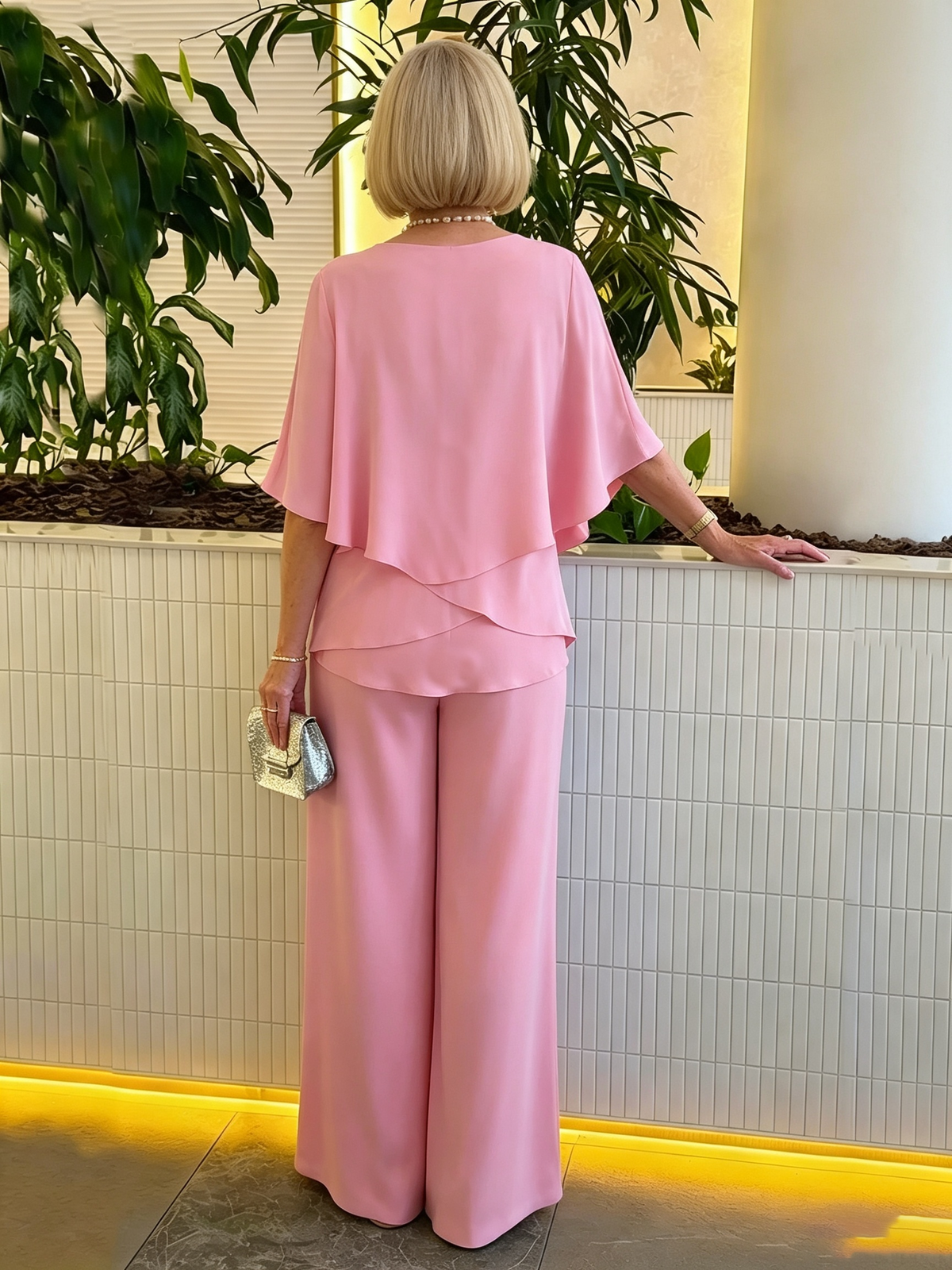 Women's 2 Piece Satin Pantsuit, V Neck Cape Flutter Sleeve Double Layer Tunic Top & Wide Leg Trousers, Elegant Loose Matching Outfit Set for Wedding Guest Formal Occasion