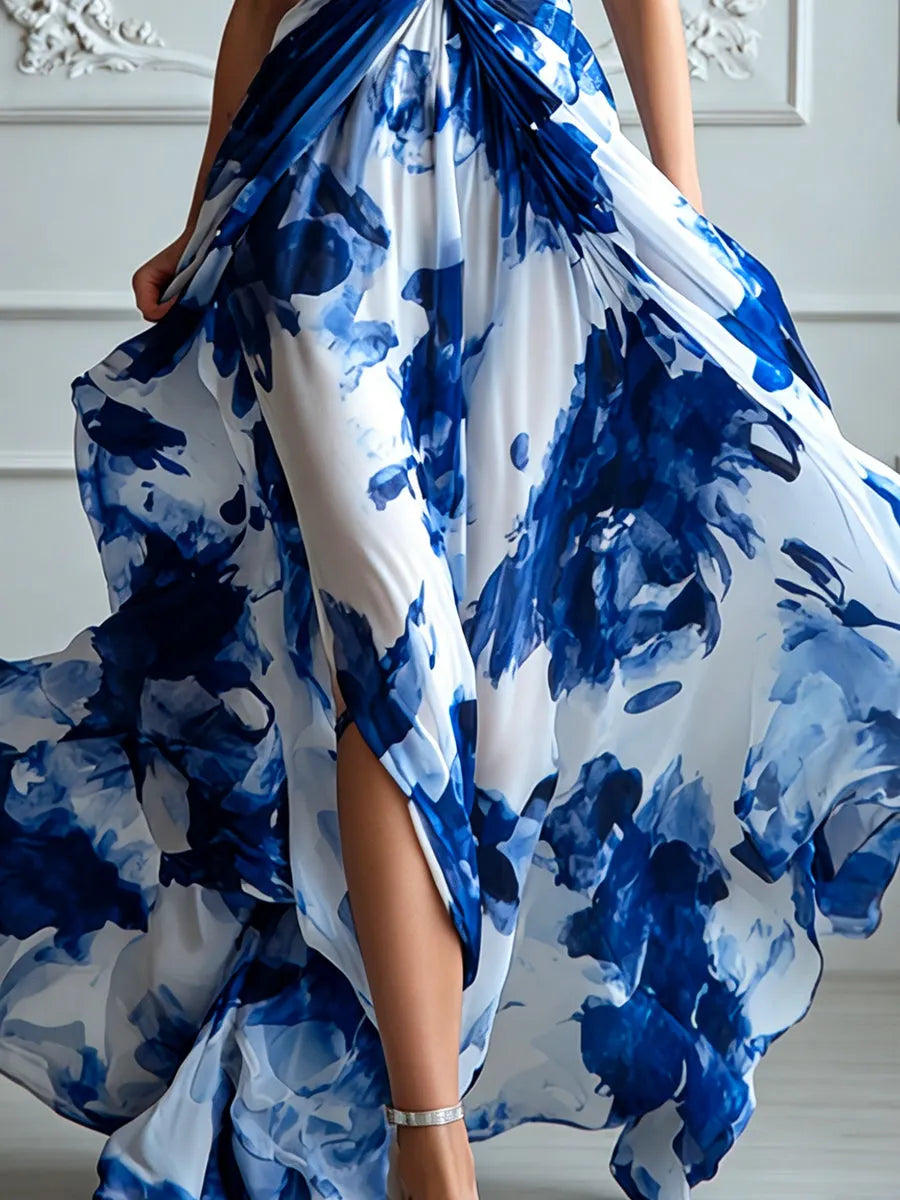 Elegant Blue And White Ink-Style Flowy Chiffon Dress