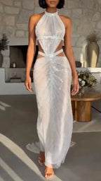 Halter Sequin Cutout Waist Ruched Train Maxi Dress