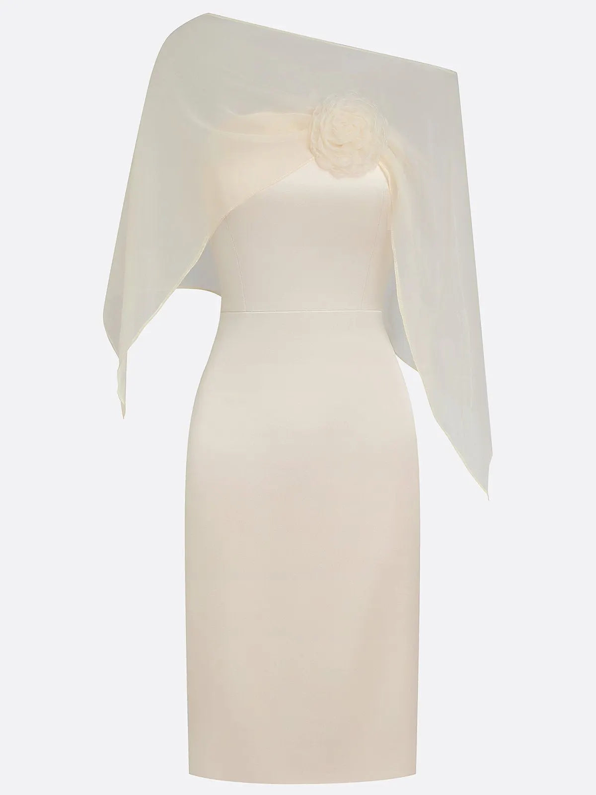 Champagne 3D Floral Mesh Satin Boat Neck Short Sleeve Sheath Midi Dress with Capelet
