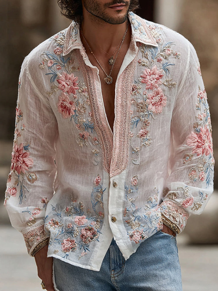 Men's Japanese Floral Art Comfy Button Linen Shirt