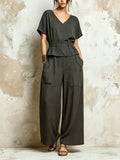 Dark Gray Linen-Blend V-Neck Peplum Top & Wide-Leg Cargo Pants Co-ord Set