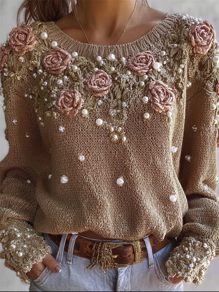 Vintage Classy Roses Pearls Embroidered Cozy Knit Sweater